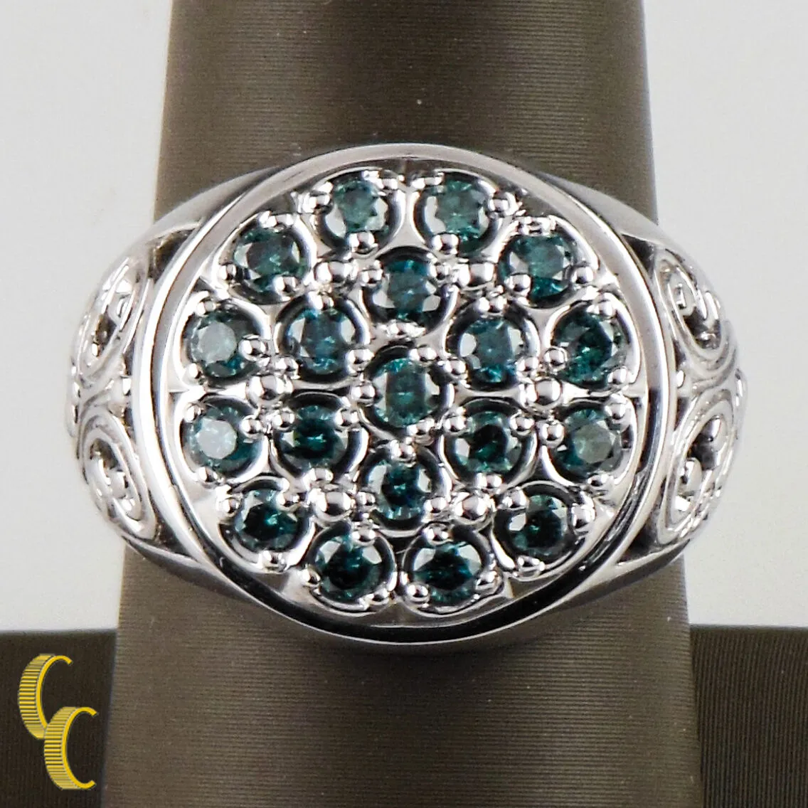 10K White Gold Blue Diamond Plaque Ring Size 9.5 - Great Gift!