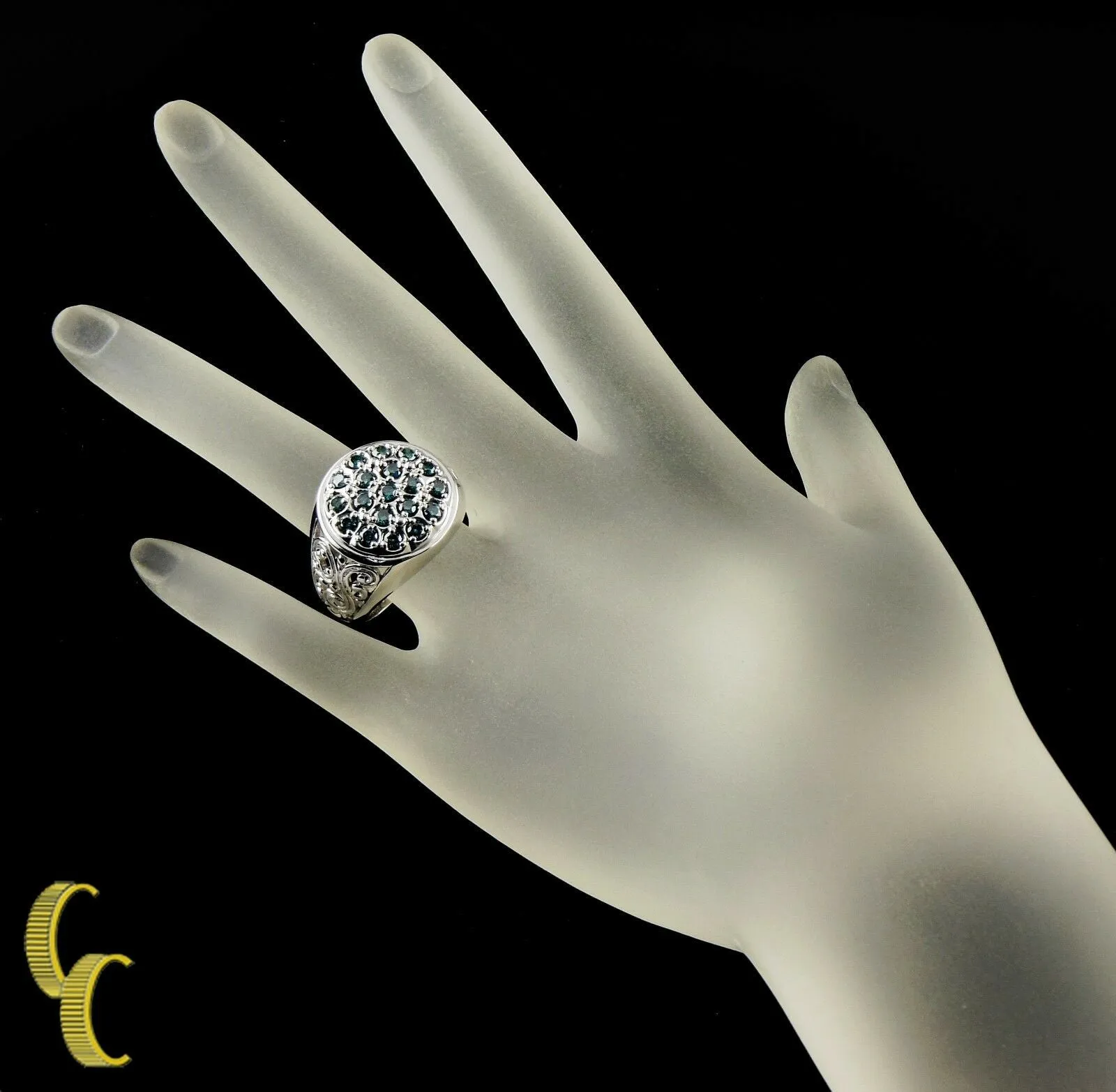 10K White Gold Blue Diamond Plaque Ring Size 9.5 - Great Gift!