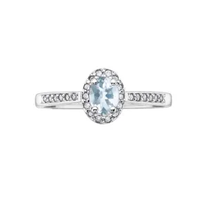 10K White Gold (March) Birthstone Aquamarine and Diamond Halo Ring