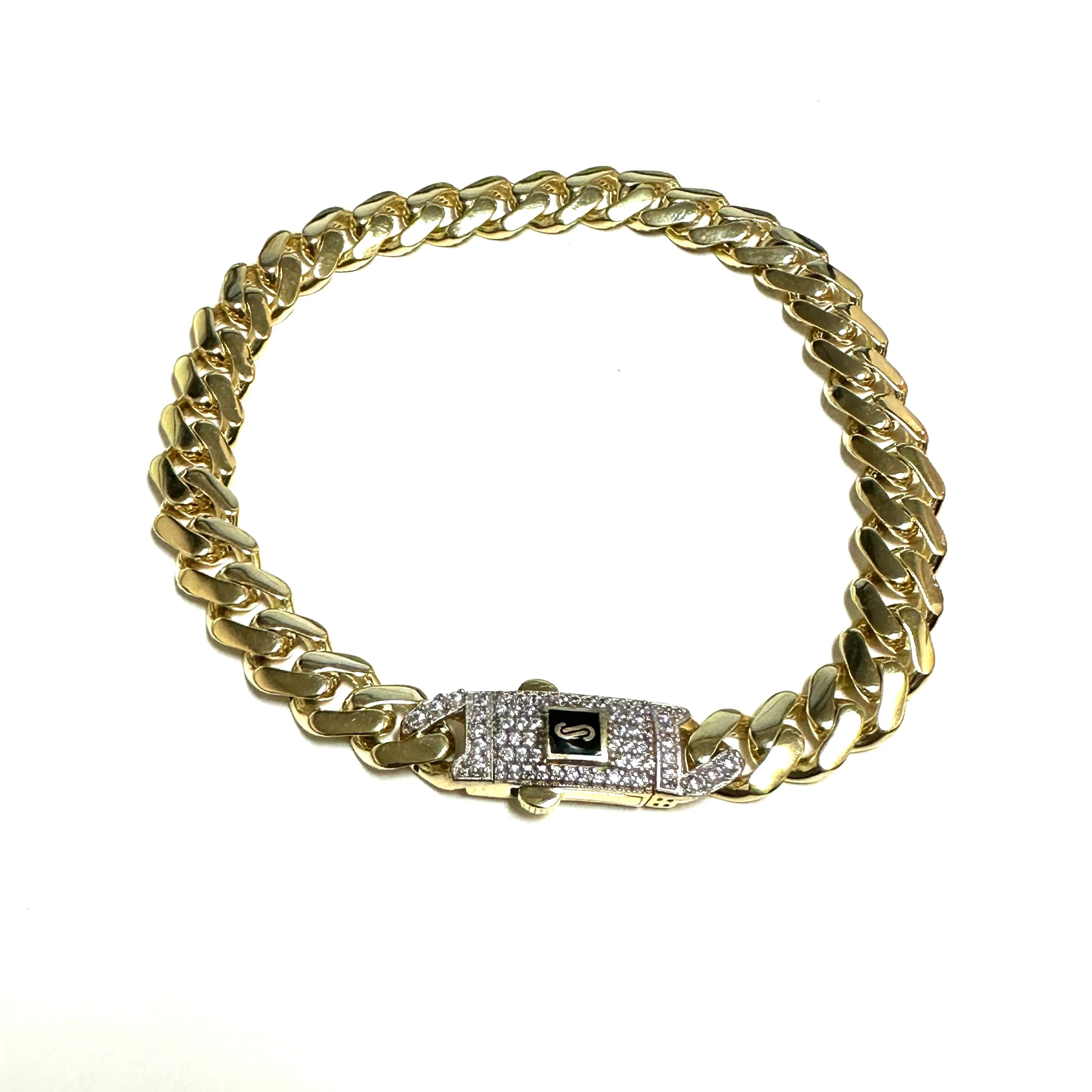 10K Yellow Gold (8.0mm) Monaco Chain Bracelet Pavé CZ Lock