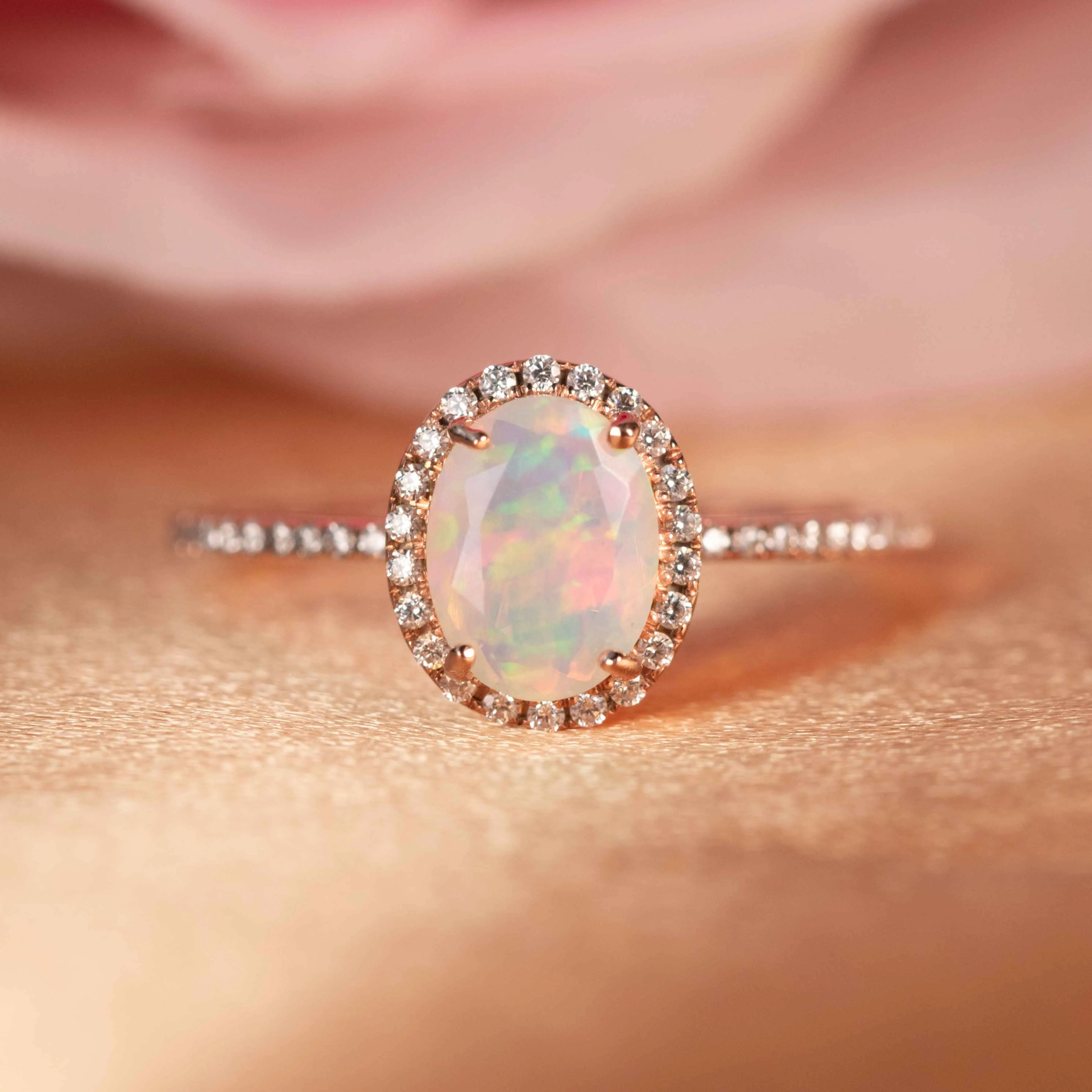 1.25 Carat Oval Cut Fire Opal Engagement Ring with Diamond in Rose Gold