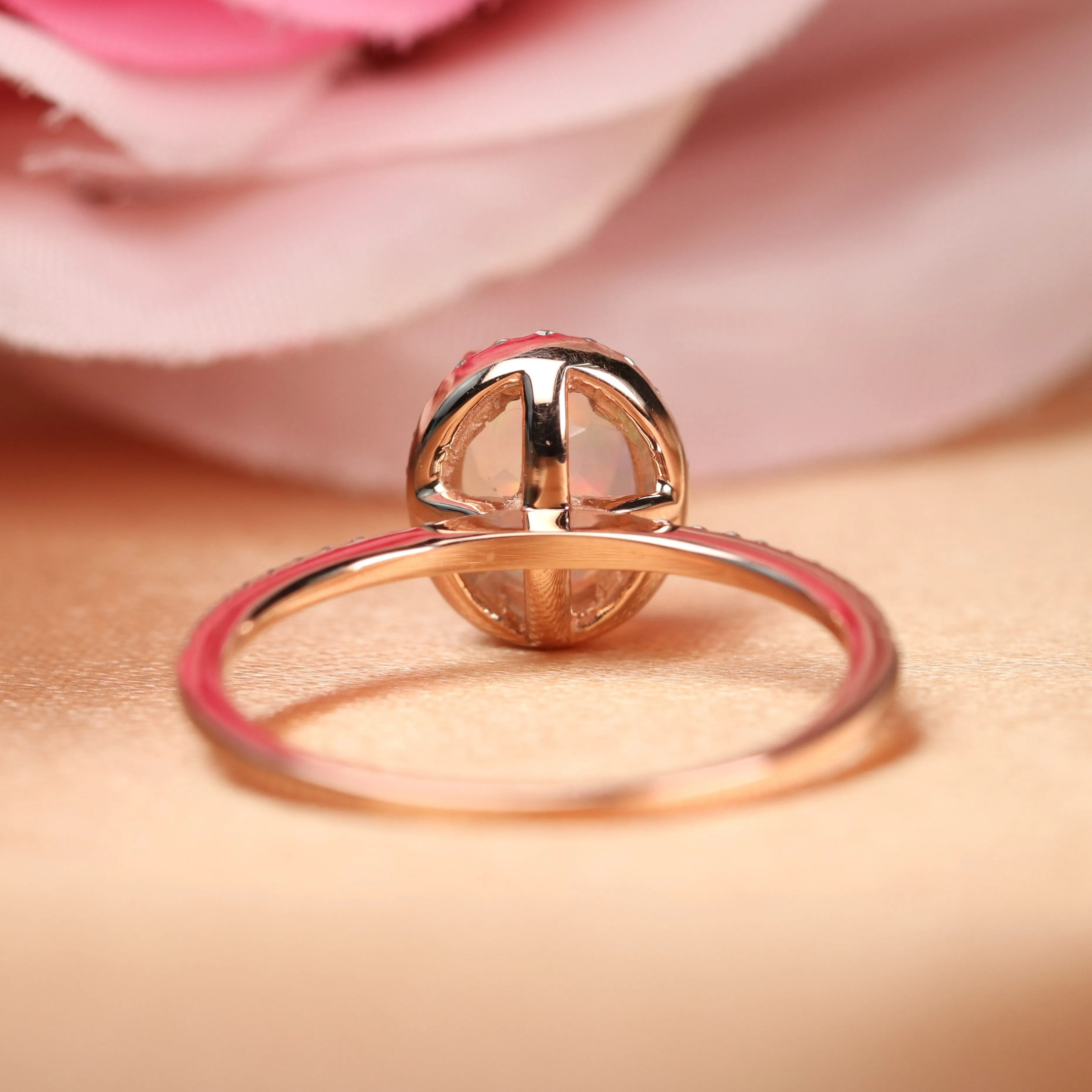 1.25 Carat Oval Cut Fire Opal Engagement Ring with Diamond in Rose Gold
