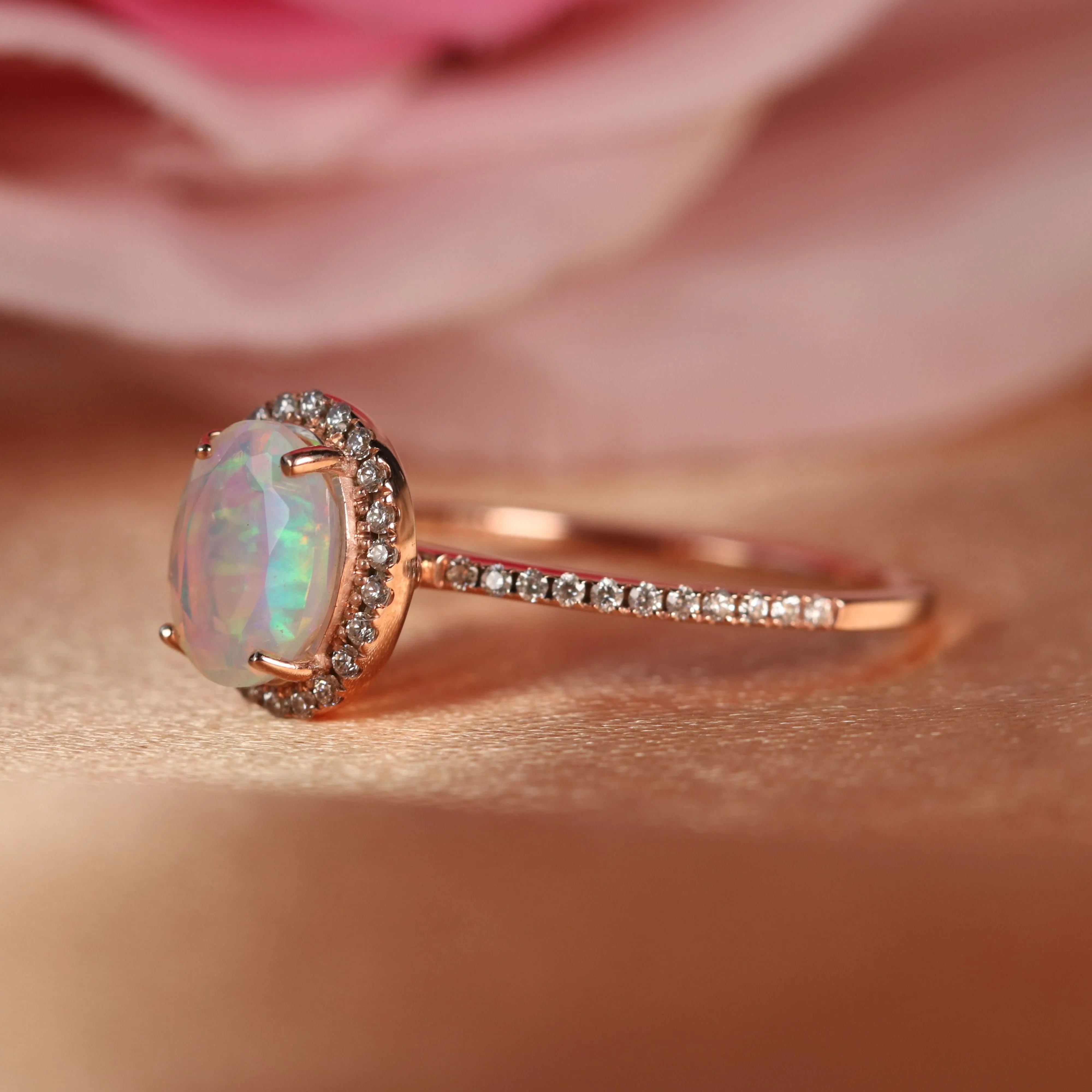 1.25 Carat Oval Cut Fire Opal Engagement Ring with Diamond in Rose Gold