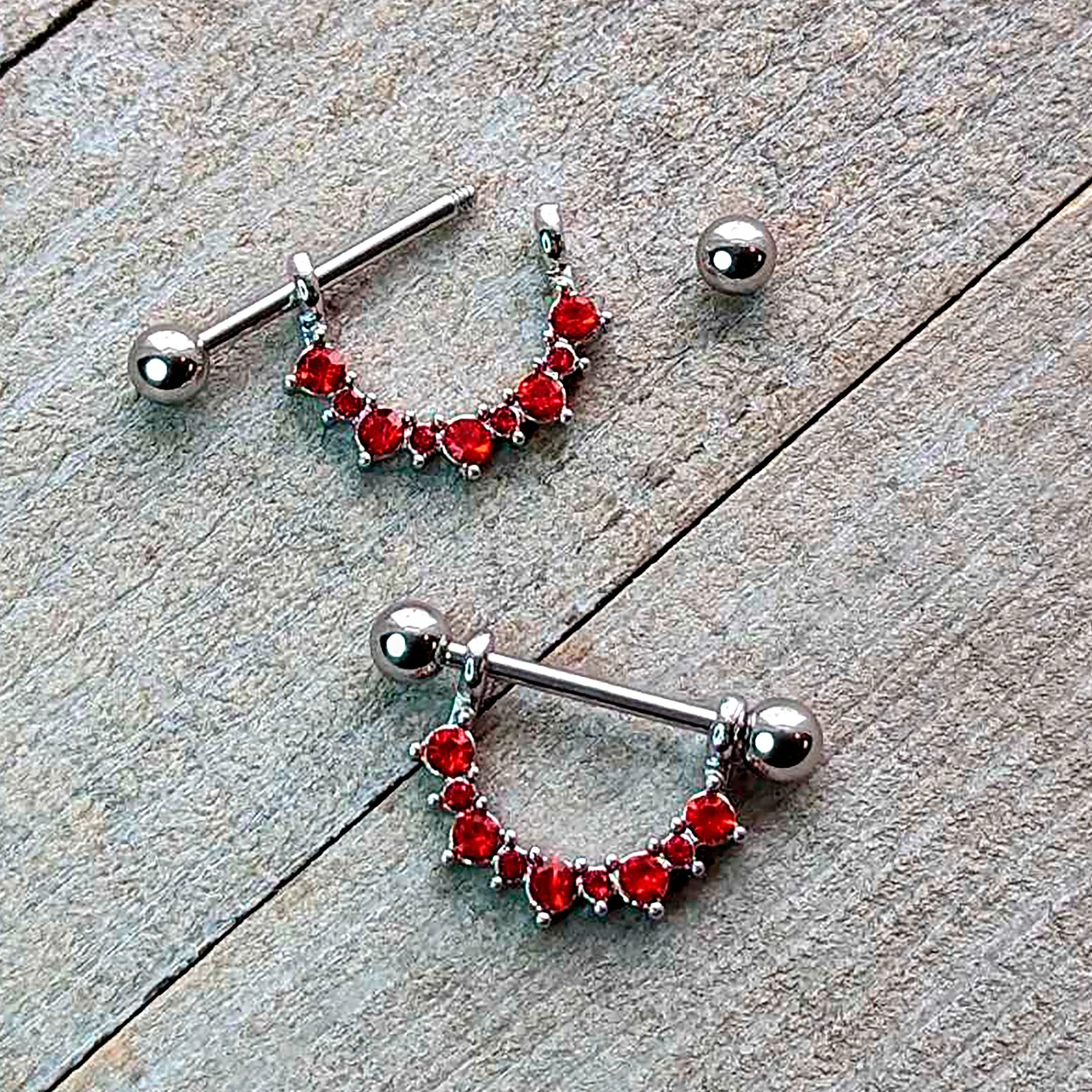 14 Gauge 9/16 Red CZ Gem January Birthstone Dangle Nipple Shield Set