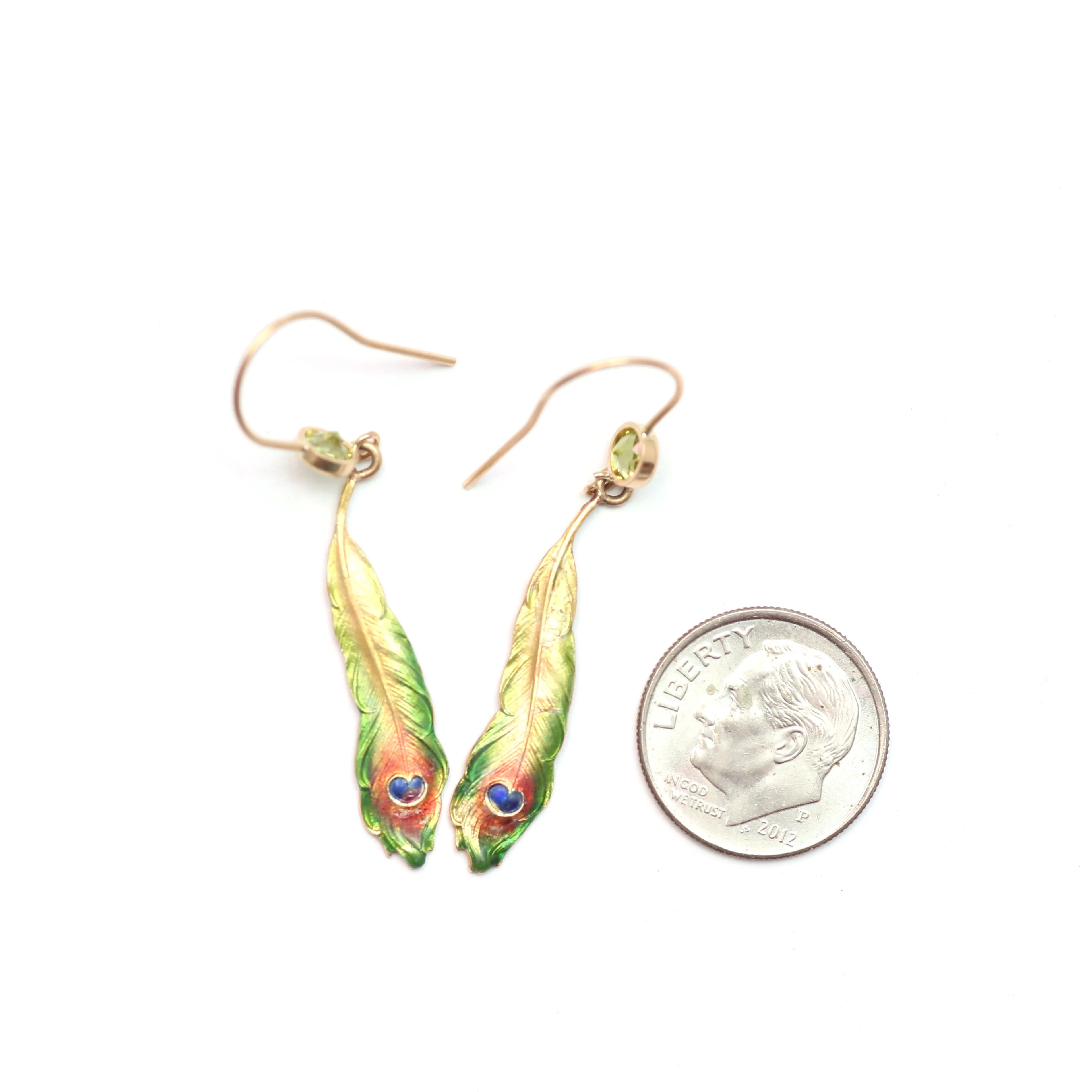 14k Enamel Peacock Feather Earrings