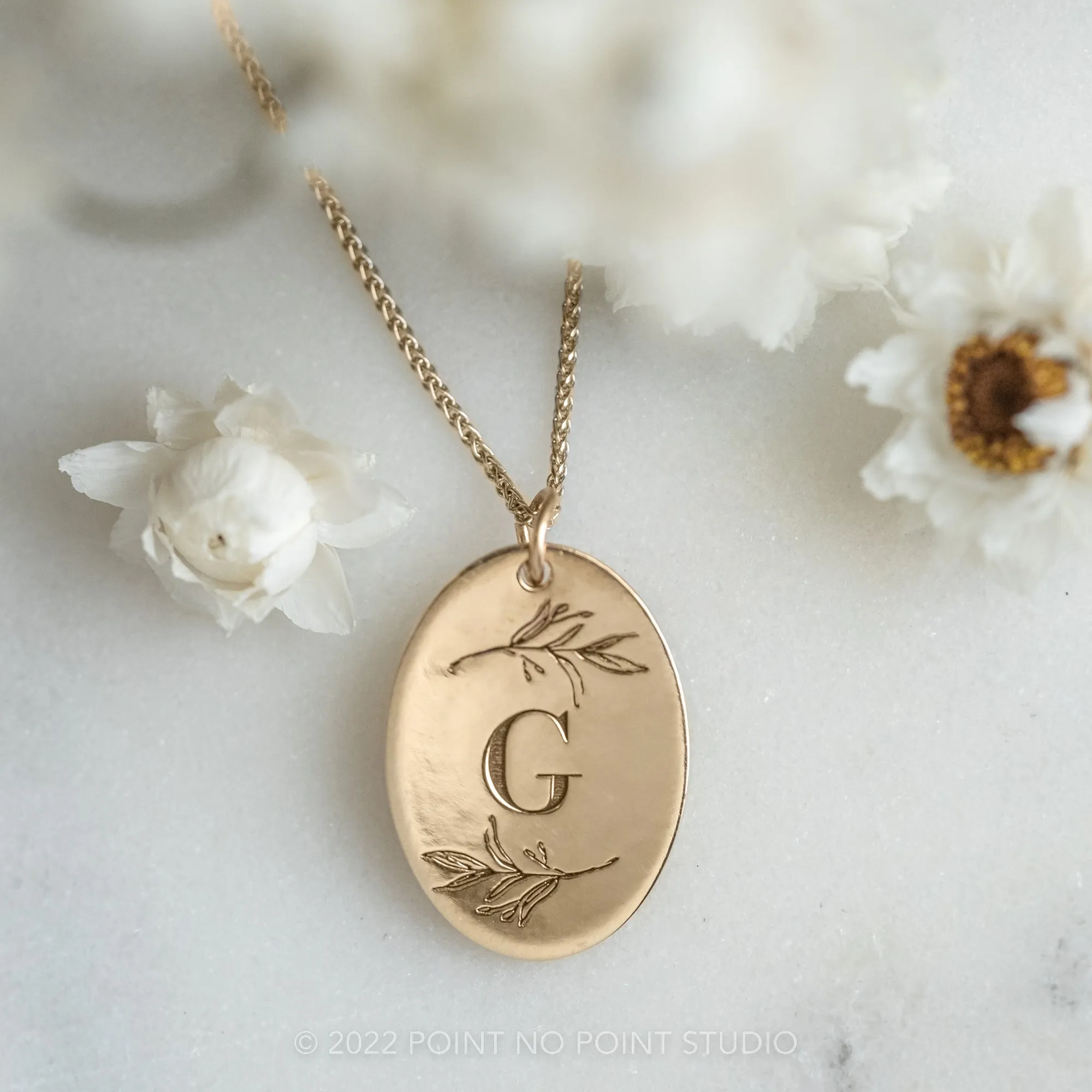 14k Gold Engraved Kestrel Initial Large Oval Charm