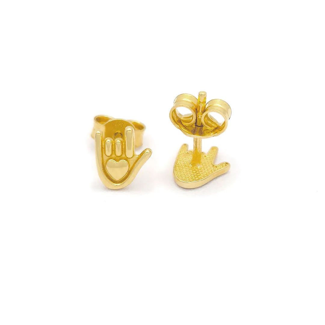 14k I Love You Hand Sign Stud Earrings