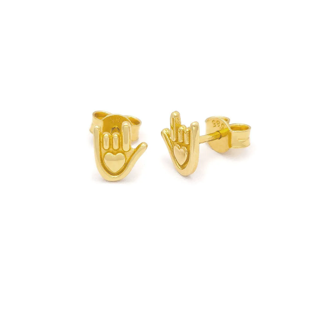 14k I Love You Hand Sign Stud Earrings