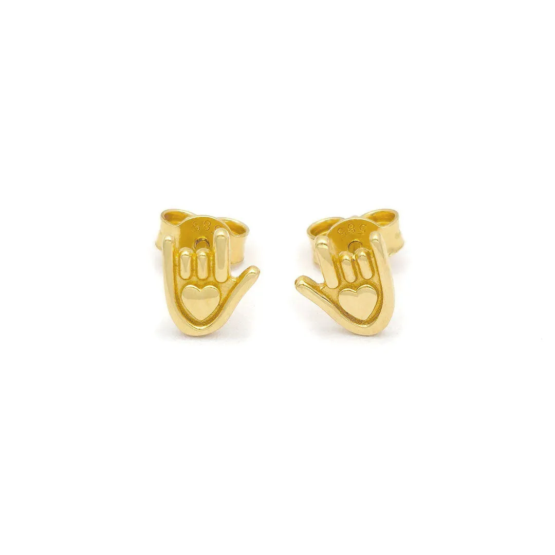 14k I Love You Hand Sign Stud Earrings