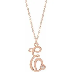 14K Rose .02 CT Diamond Script Initial E 16-18" Necklace