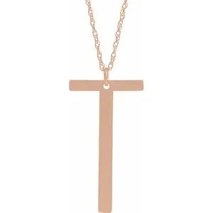 14K Rose Block Initial T 16-18" Necklace with Brush Finish