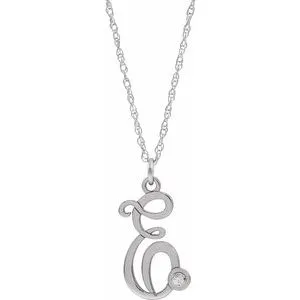 14K White .02 CT Diamond Script Initial E 16-18" Necklace