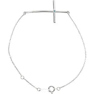 14K White Aquamarine Sideways Cross Bracelet