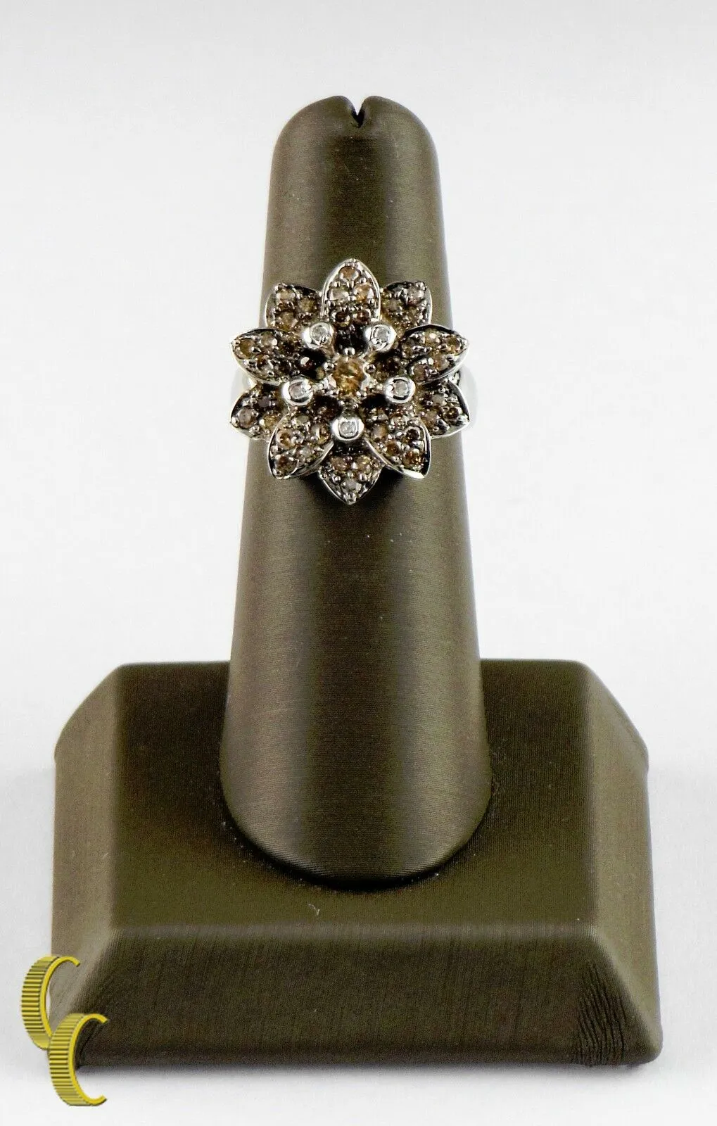 14K White Gold Chocolate / White Diamond Flower Ring Size 7 TDW = 1.22 ct Gift