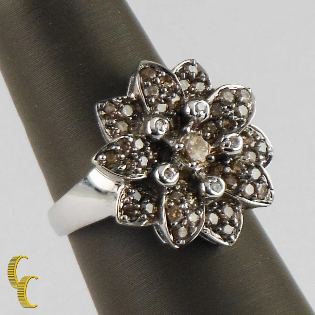 14K White Gold Chocolate / White Diamond Flower Ring Size 7 TDW = 1.22 ct Gift
