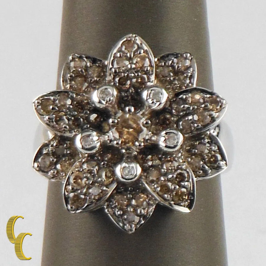 14K White Gold Chocolate / White Diamond Flower Ring Size 7 TDW = 1.22 ct Gift
