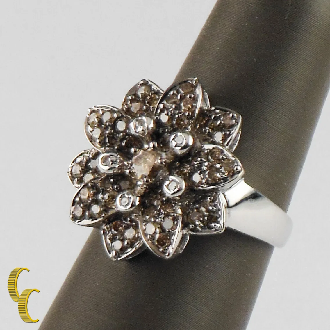 14K White Gold Chocolate / White Diamond Flower Ring Size 7 TDW = 1.22 ct Gift