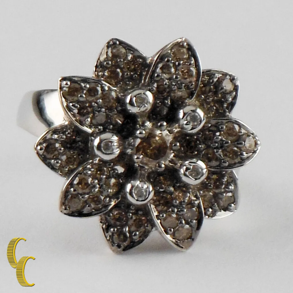 14K White Gold Chocolate / White Diamond Flower Ring Size 7 TDW = 1.22 ct Gift