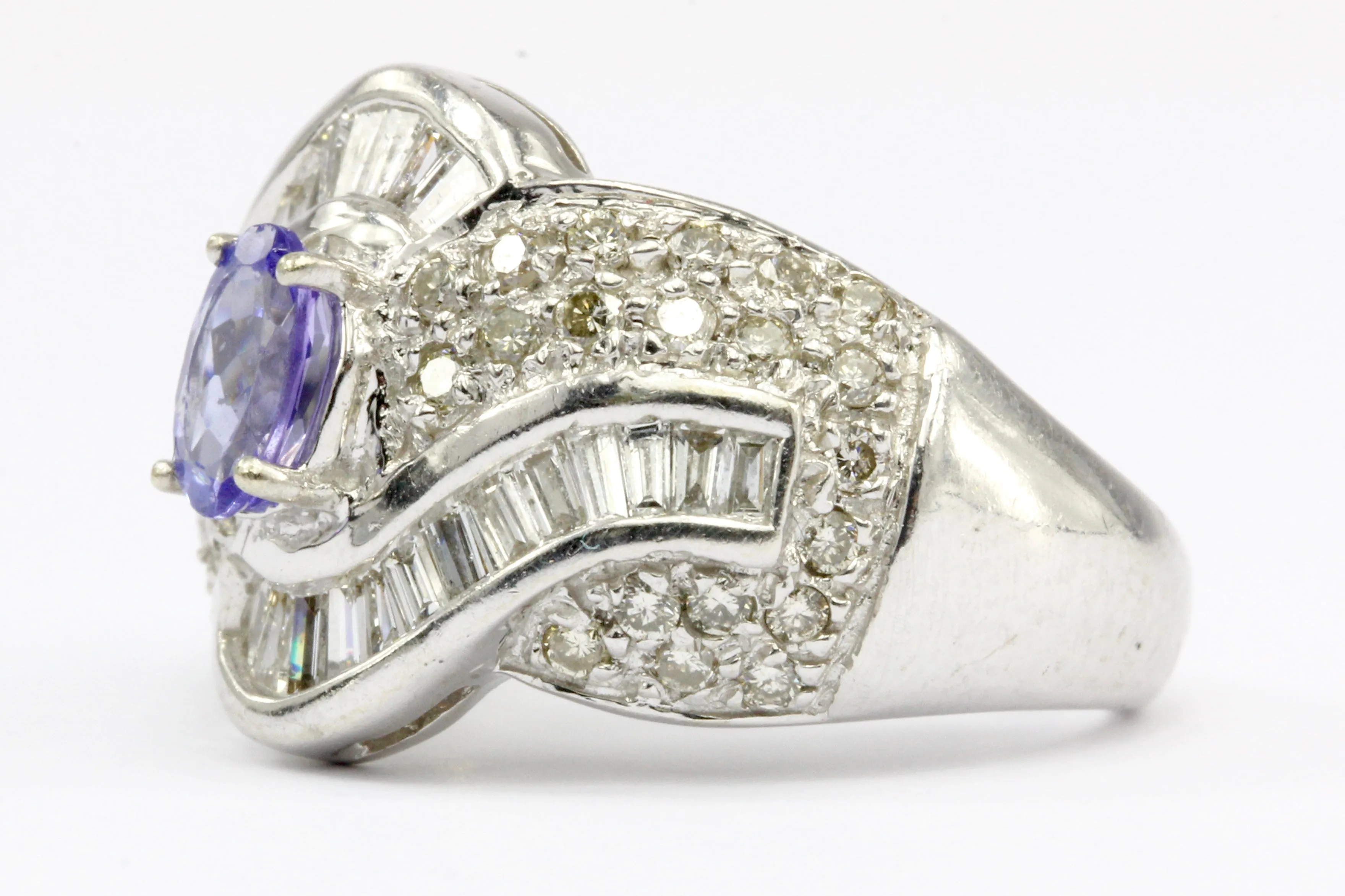 14K White Gold Tanzanite and Diamond Cocktail Ring Size 5.25