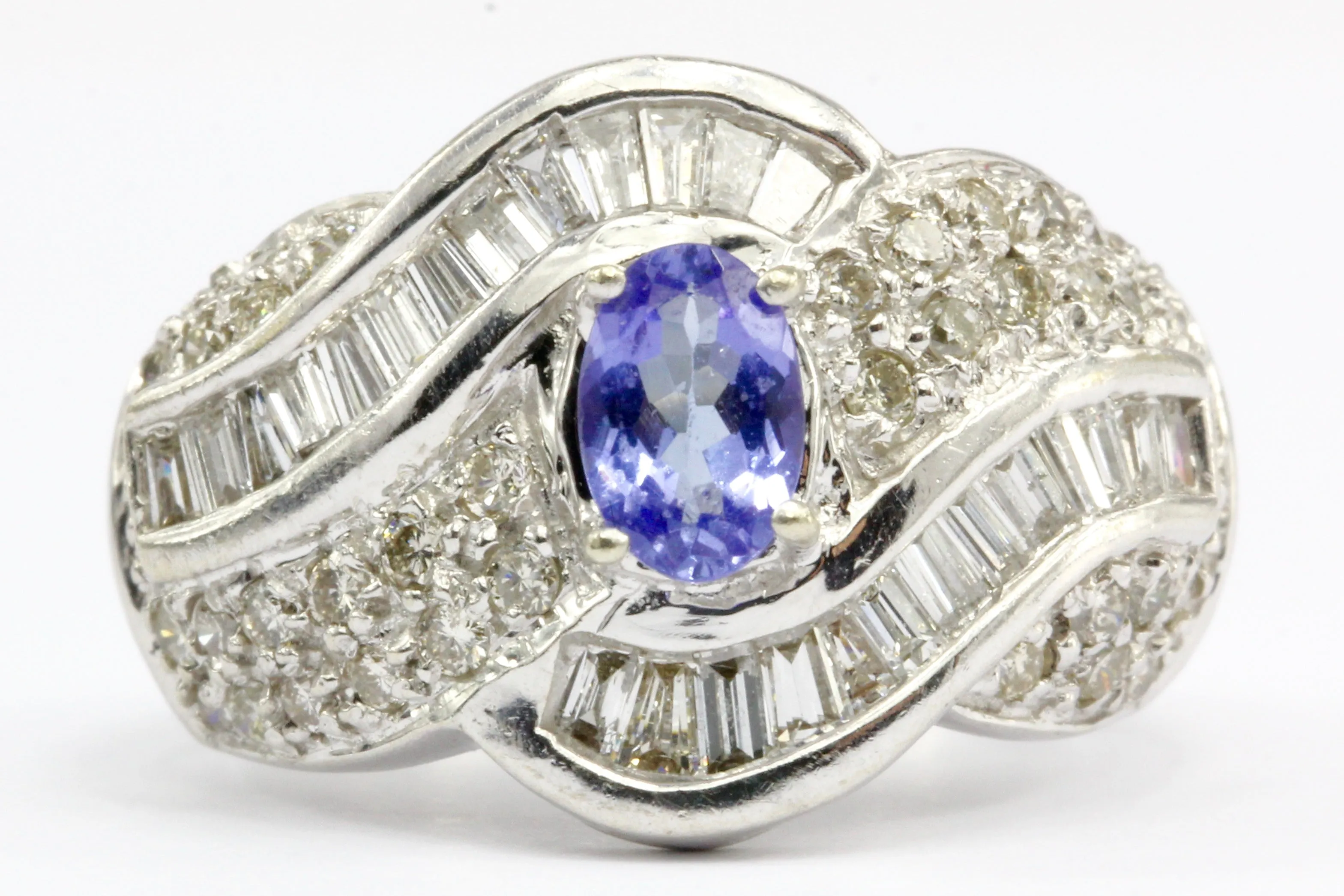 14K White Gold Tanzanite and Diamond Cocktail Ring Size 5.25