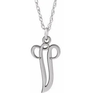 14K White Script Initial V 16-18" Necklace