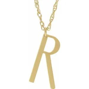 14K Yellow Block Initial R 16-18" Necklace with Brush Finish