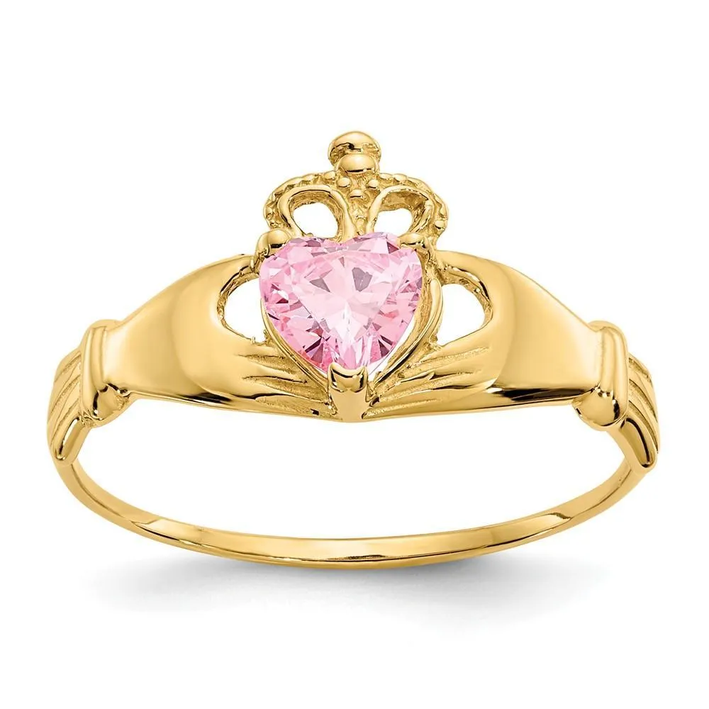 14k Yellow Gold CZ Birthstone Claddagh Heart Ring