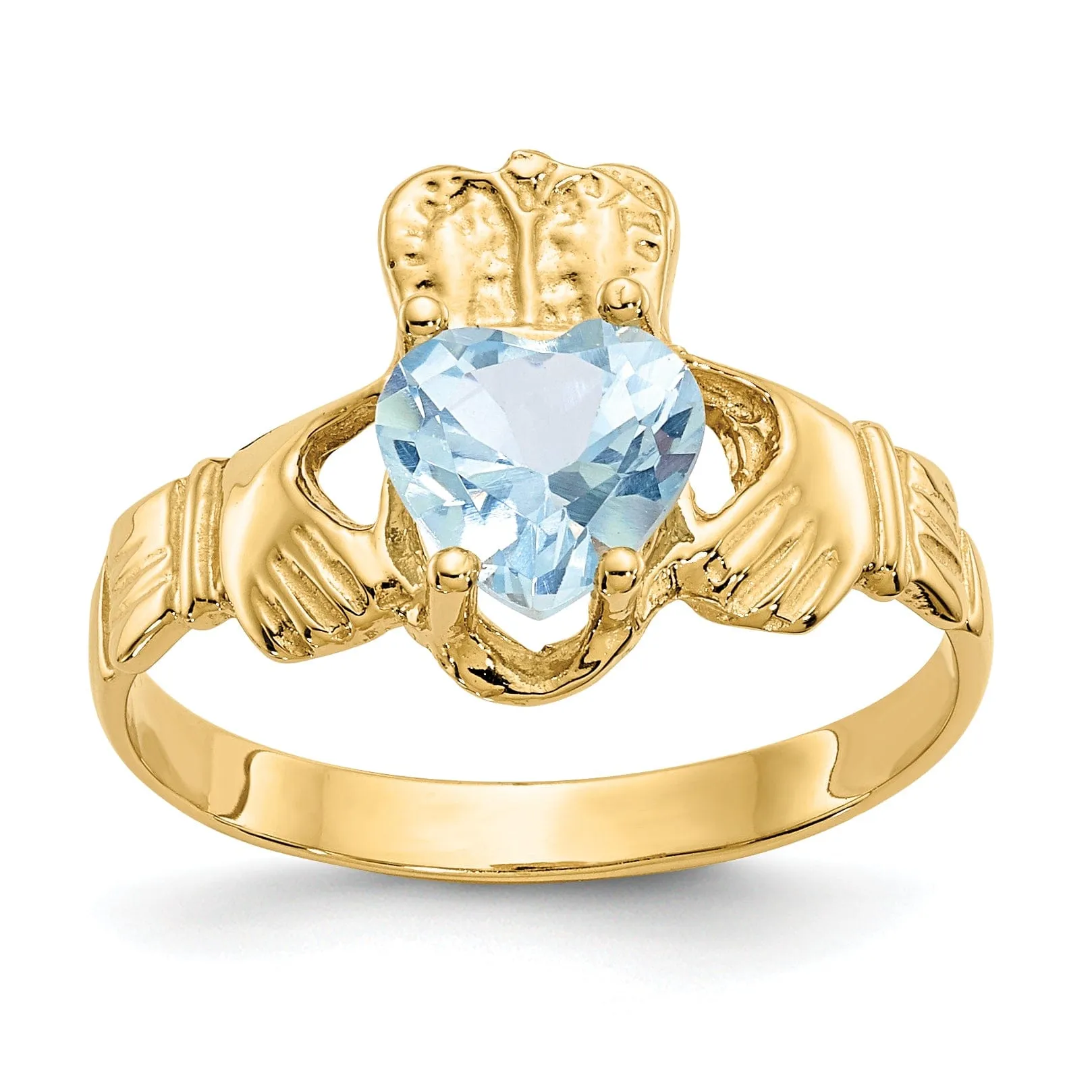 14k Yellow Gold March Birthstone Claddagh Ring