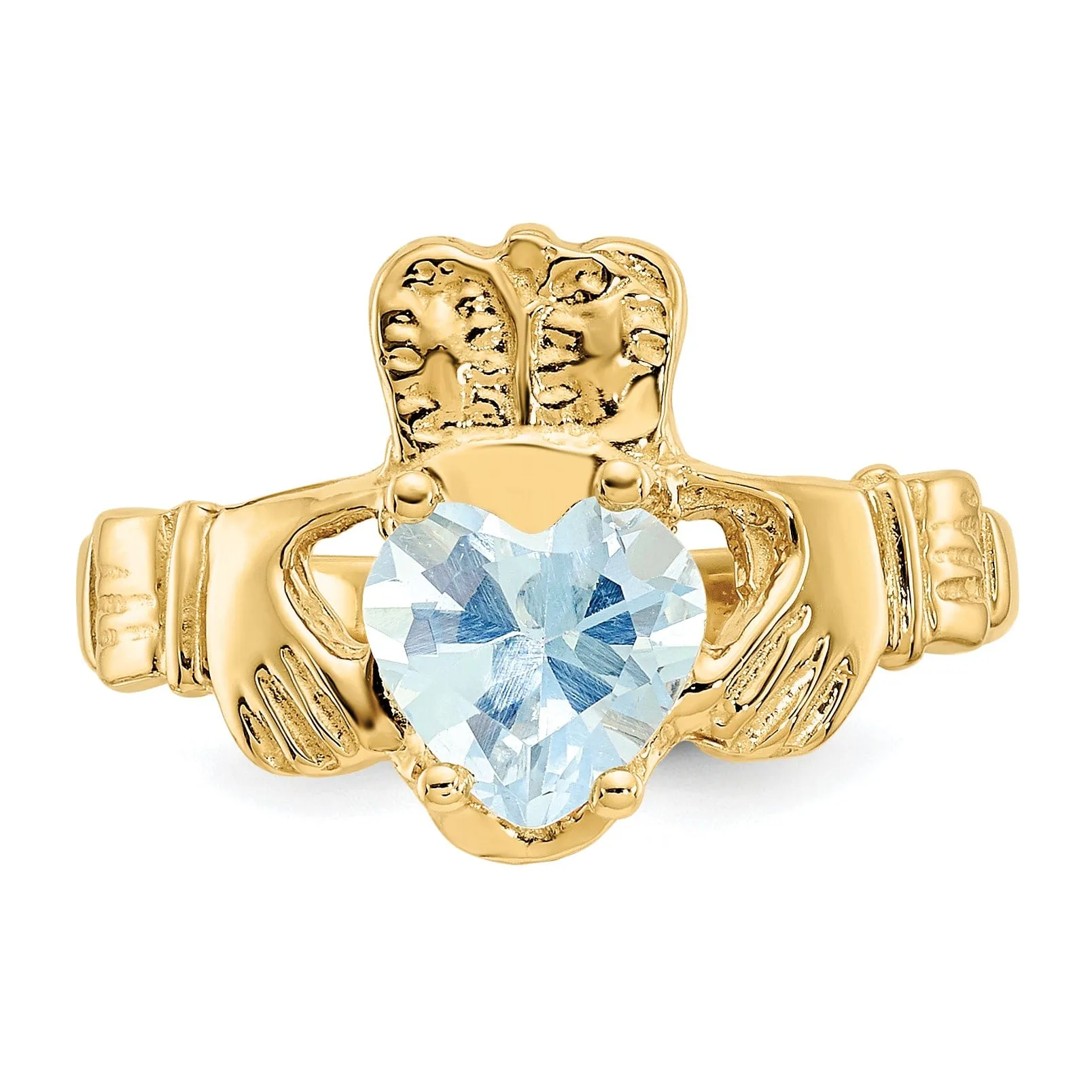 14k Yellow Gold March Birthstone Claddagh Ring