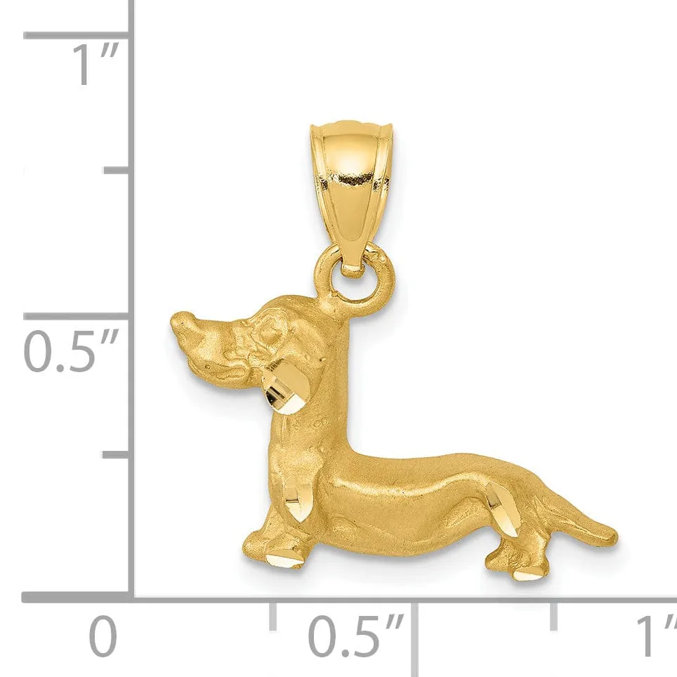 14K Yellow Gold Solid Diamond Cut Brushed Finish Dachshund Dog Charm Pendant