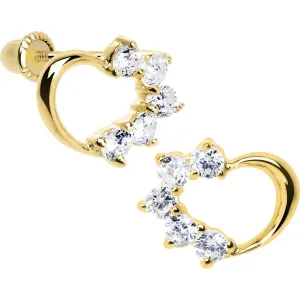 14KT Yellow Gold Hollow Heart Half CZ Youth Screwback Earrings