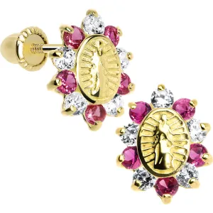 14KT Yellow Gold Pink CZ Lady of Guadalupe Youth Screwback Earrings