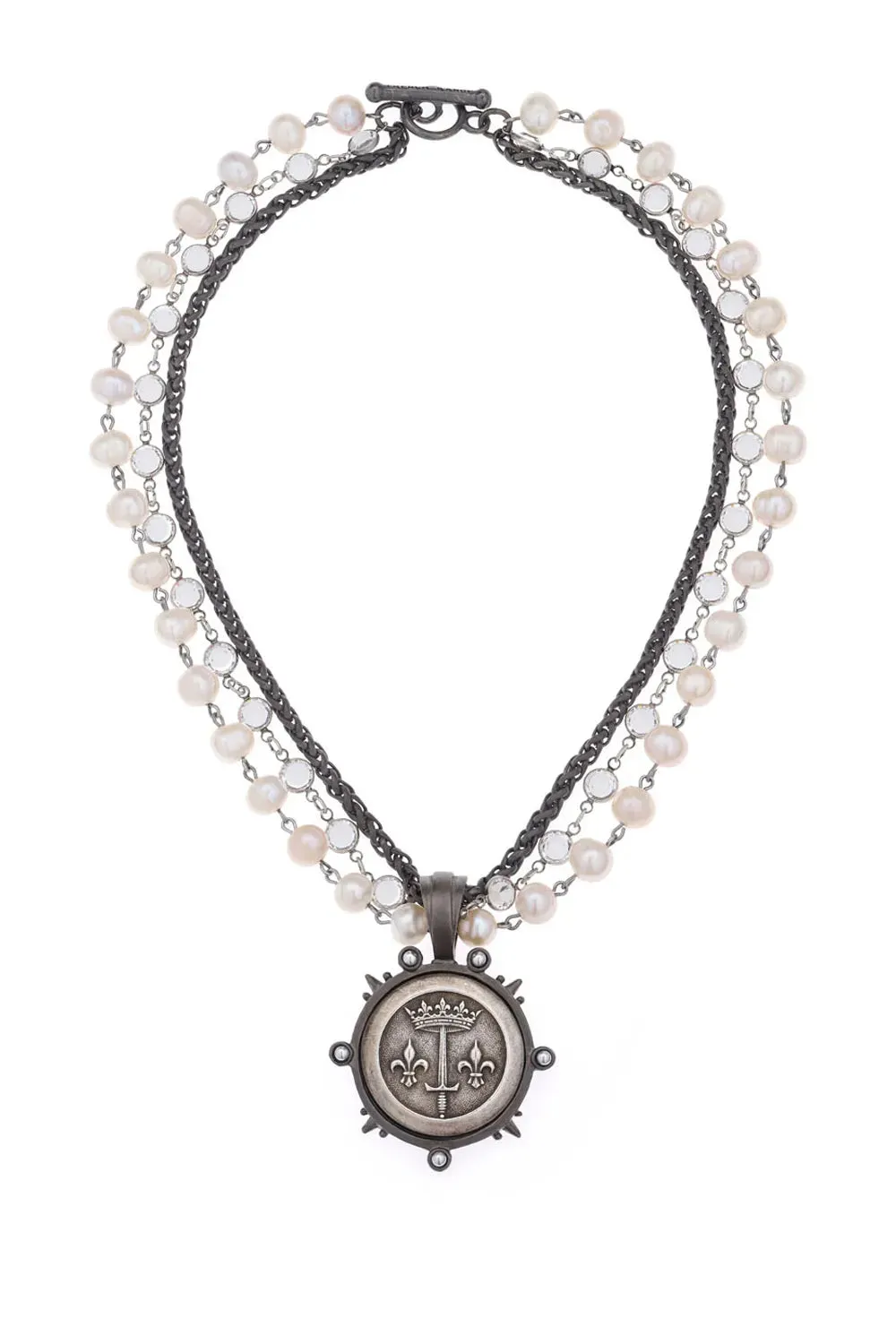 17" Triple Strand Pearl Crystal Chanel Silver Ox Medallion Necklace