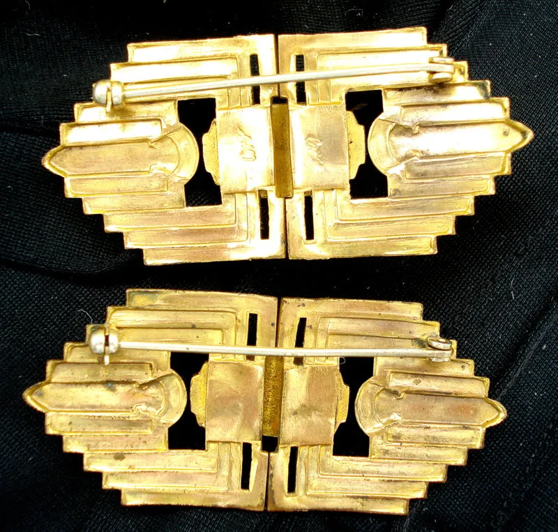 2 (Set) Coro Art Deco Brooches Emerald Rhinestones 2.5"