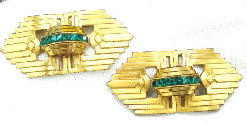 2 (Set) Coro Art Deco Brooches Emerald Rhinestones 2.5"