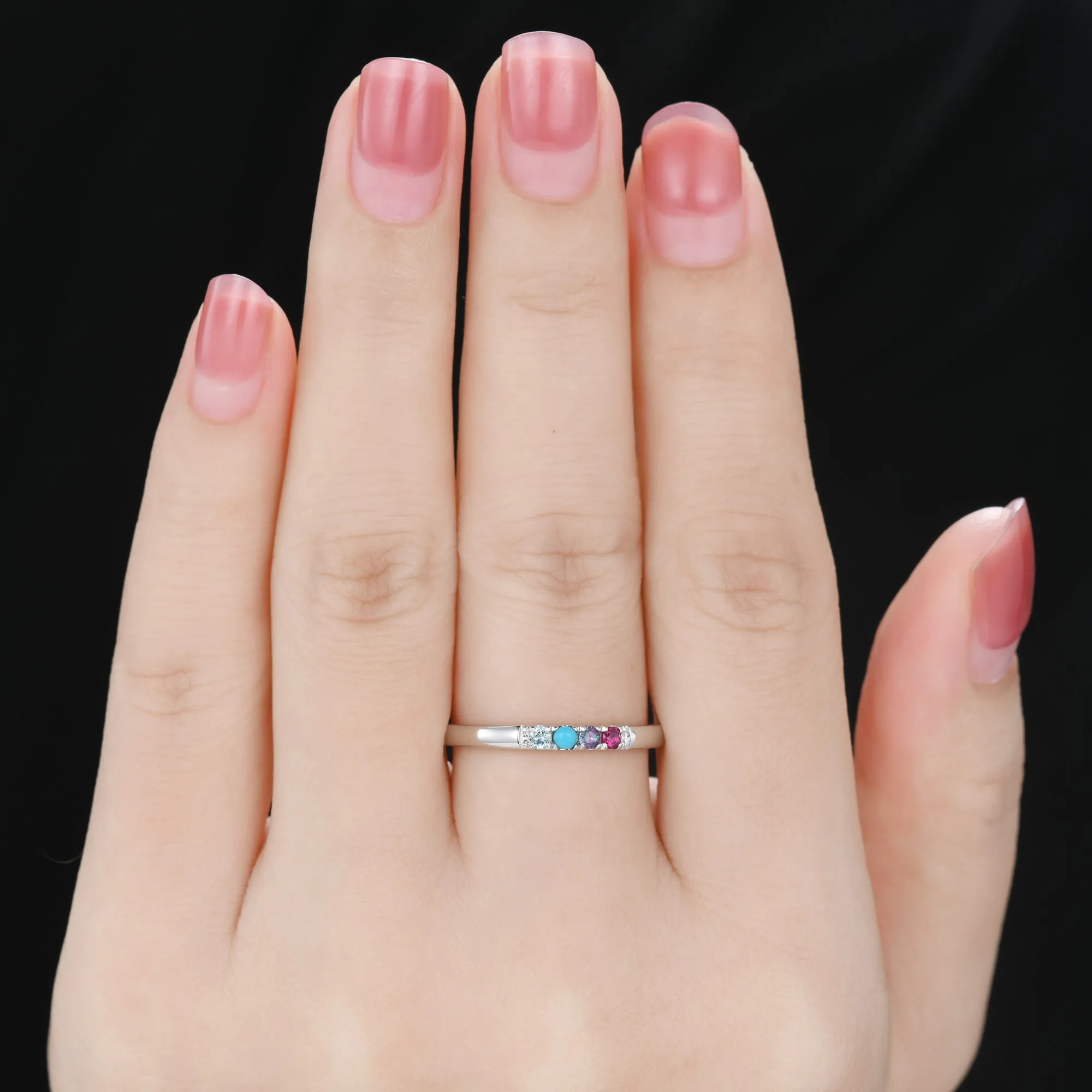 2mm Personalized Birthstone Gold Ring for Mother Ruby Alexandrite Turquoise Topaz 4-stone Dainty Band