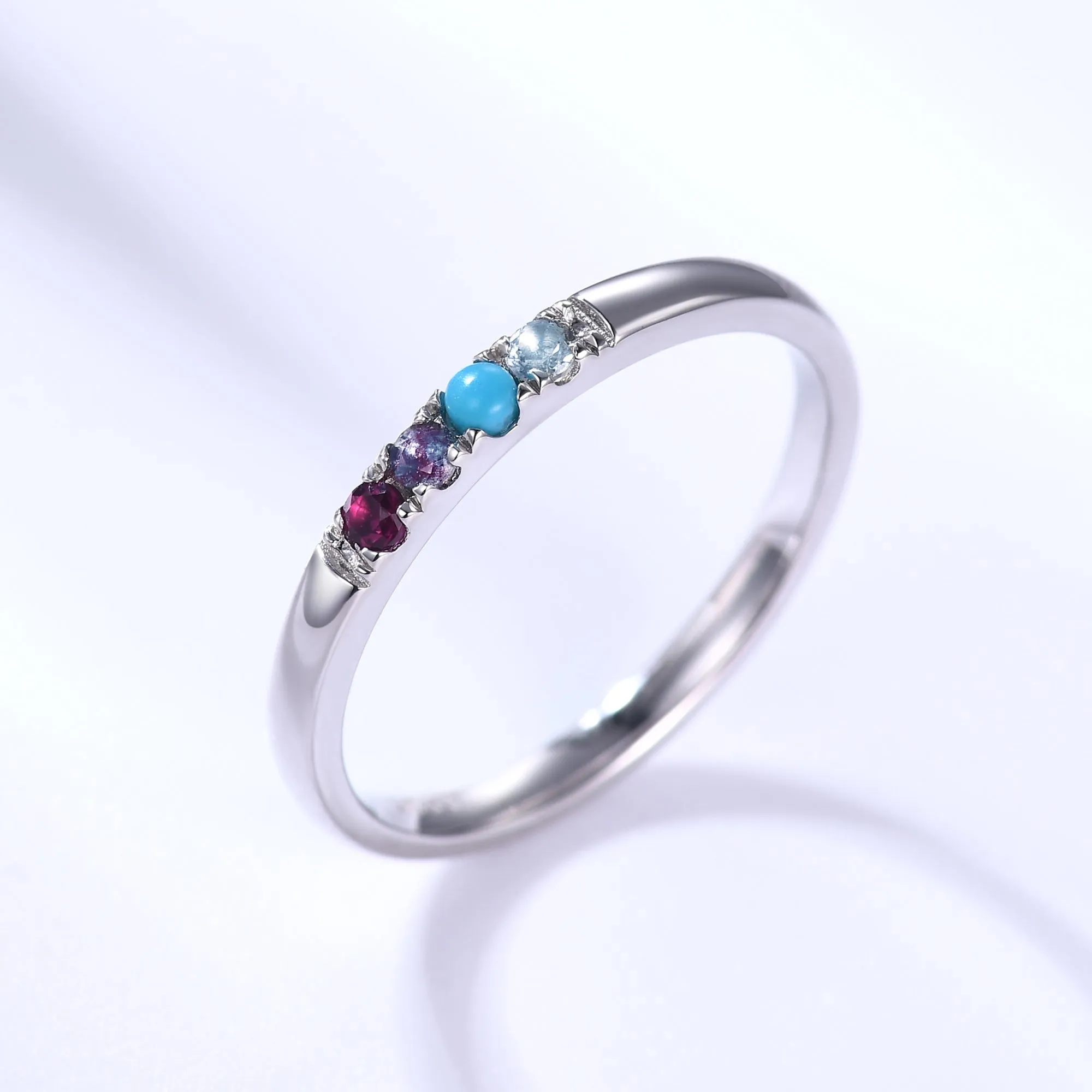 2mm Personalized Birthstone Gold Ring for Mother Ruby Alexandrite Turquoise Topaz 4-stone Dainty Band