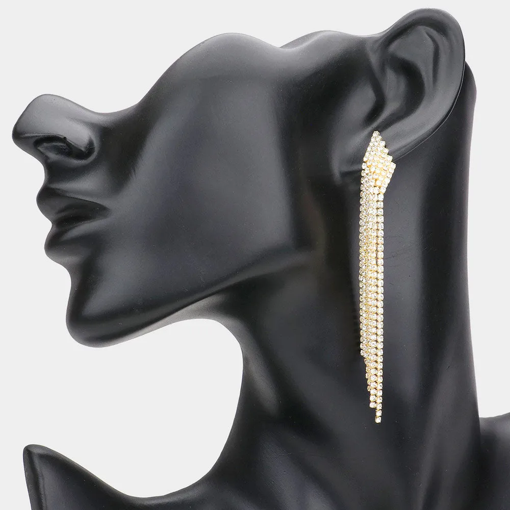 6 Row Clear Crystal Rhinestone Fringe Pageant Earrings on Gold| Prom Earrings |  381576