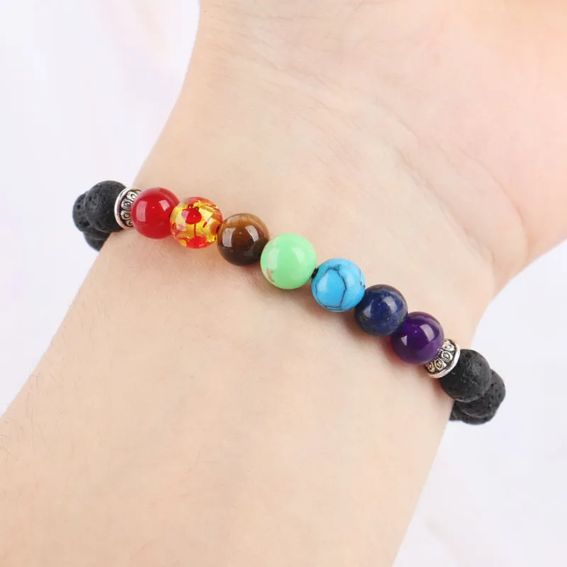 7 Chakras Lava Stone Bracelet - 8mm Round