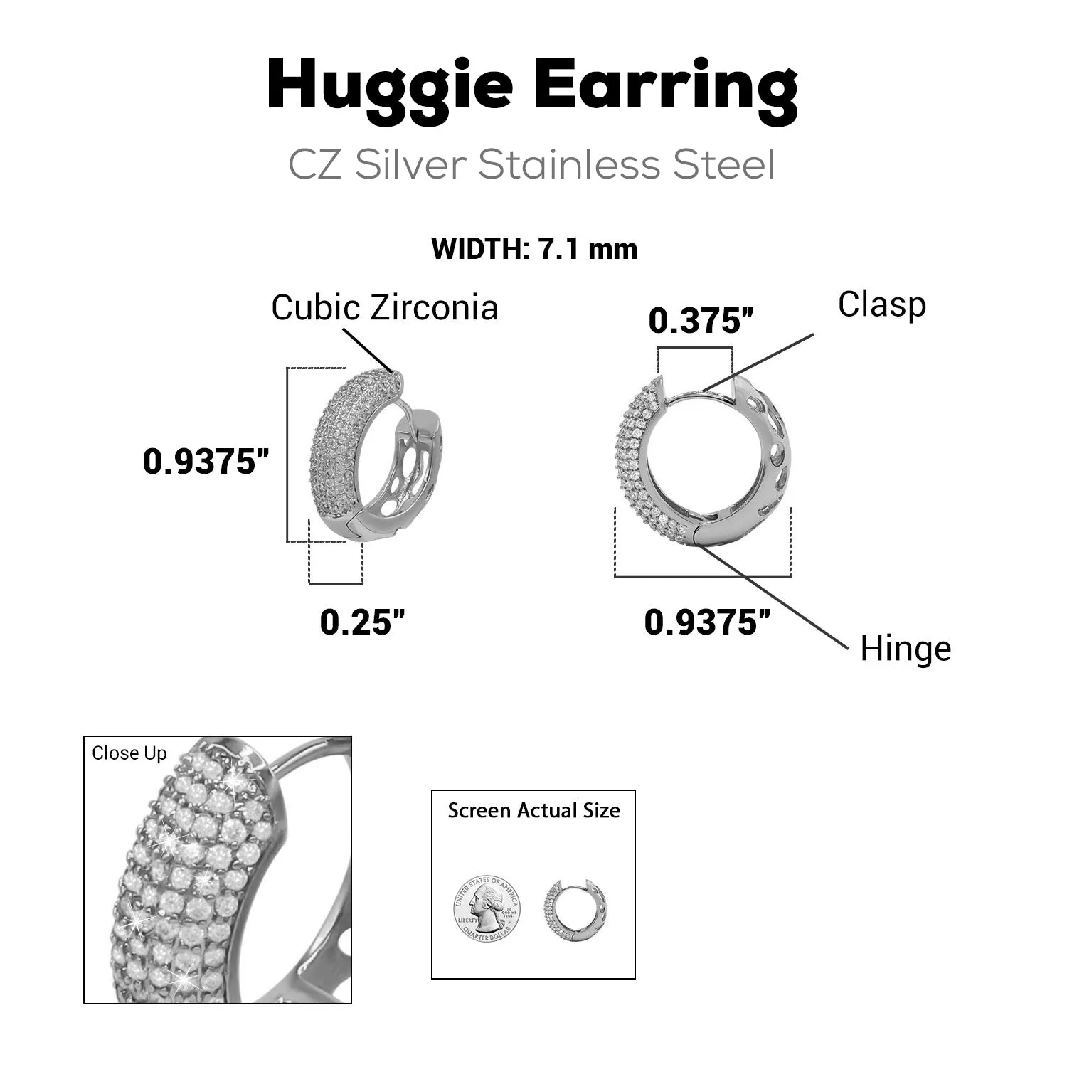 7 Row Cubic Zirconia Silver Huggie Hoop Earrings Stainless Steel Jewelry 7 mm