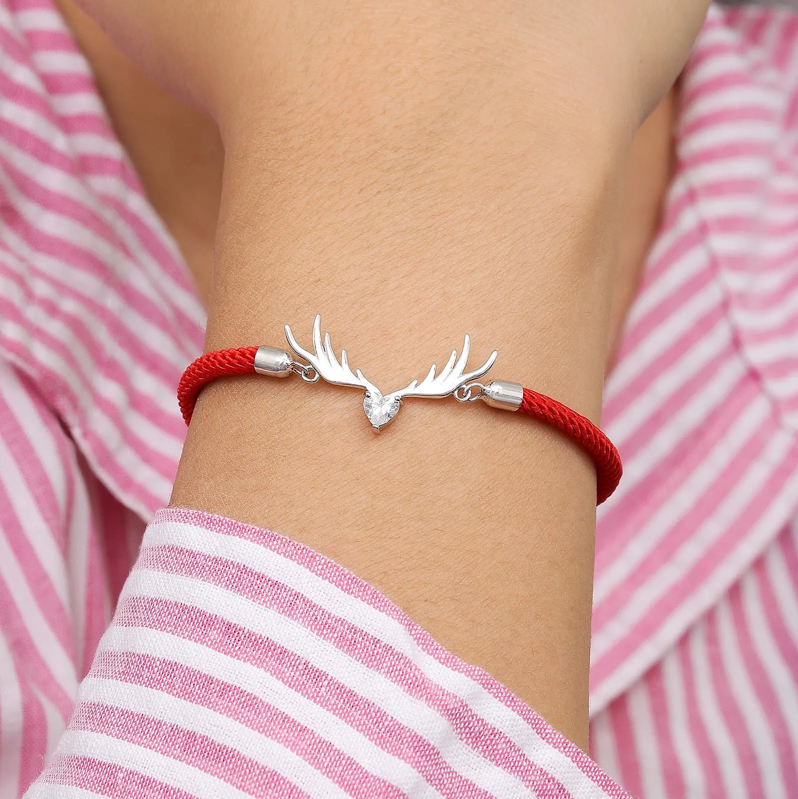 925 Sterling Silver Deer Heart With Red Thread Bracelet