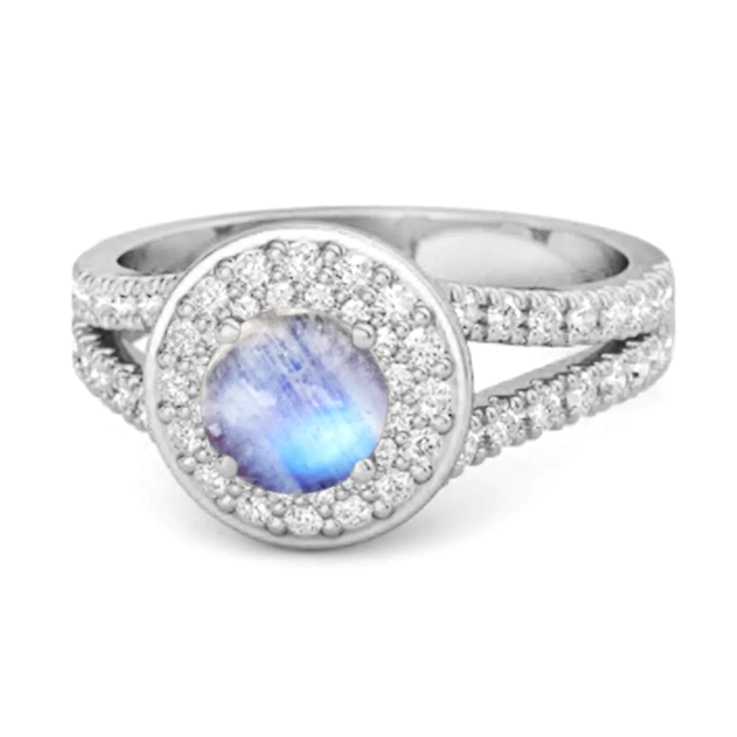 925 Sterling Silver Round Moonstone Beautiful Double Halo Ring