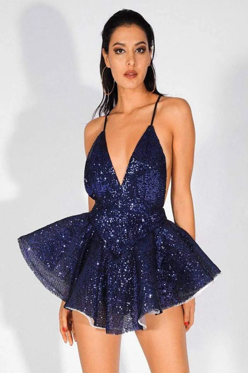 A Night In The Ballet Sequins Blue Ruffle Mini Dress