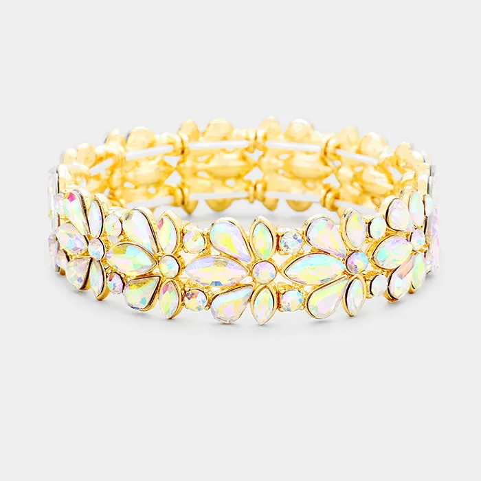 AB Crystal Flower Stretch Pageant Bracelet on Gold | Prom Bracelet | 389457