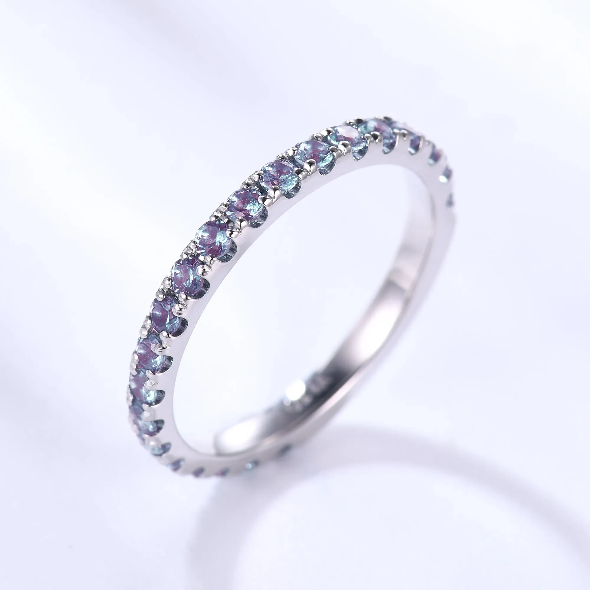 Alexandrite Wedding Ring For Her 3/4 Eternity Band Micro Pave June Birthstone 2mm Band