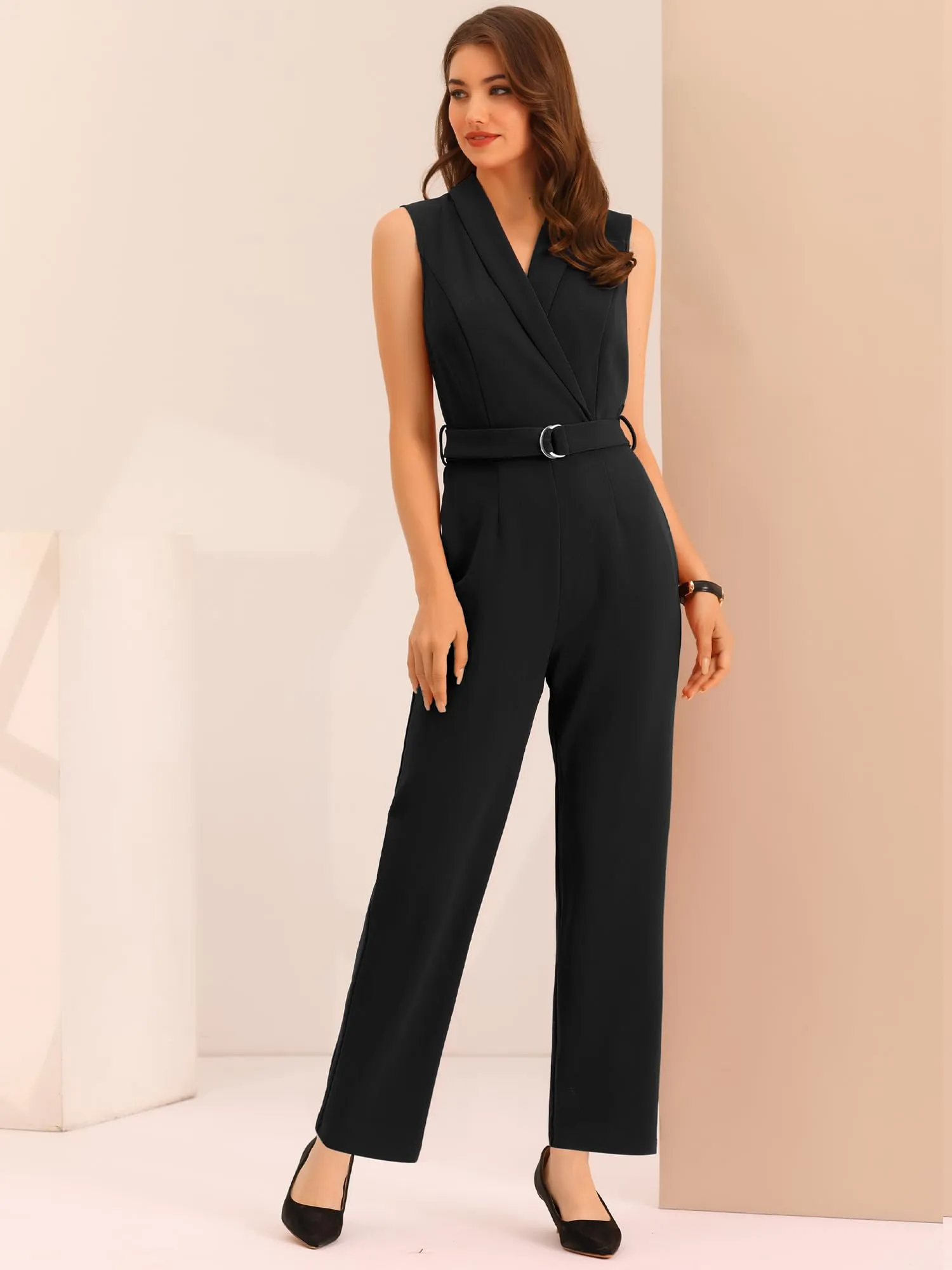 Allegra K Women's Work Jumpsuit Formal Office One Piece Sleeveless Belted 2024 Jumpsuits Dressy Romper Small Black