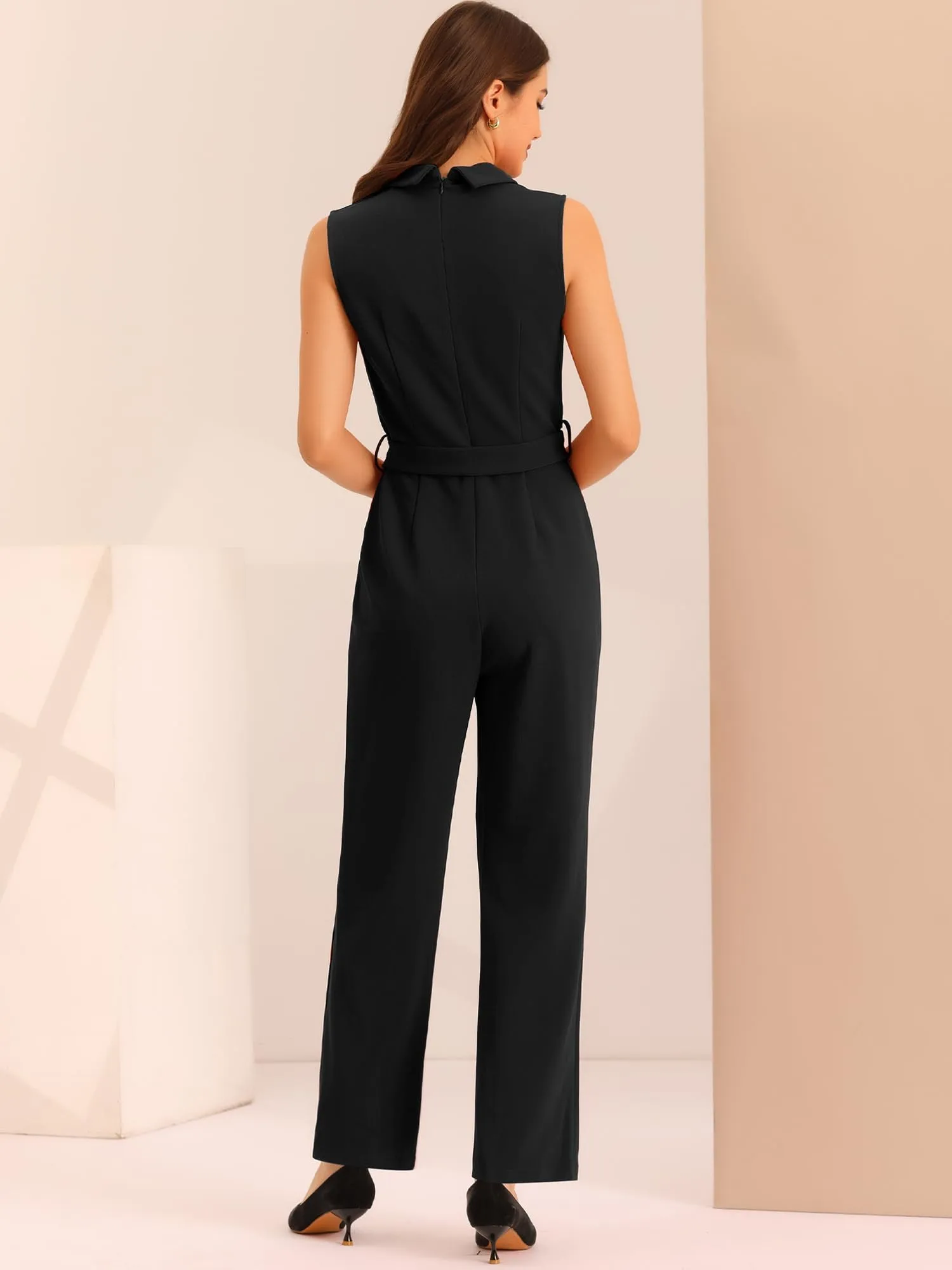 Allegra K Women's Work Jumpsuit Formal Office One Piece Sleeveless Belted 2024 Jumpsuits Dressy Romper Small Black