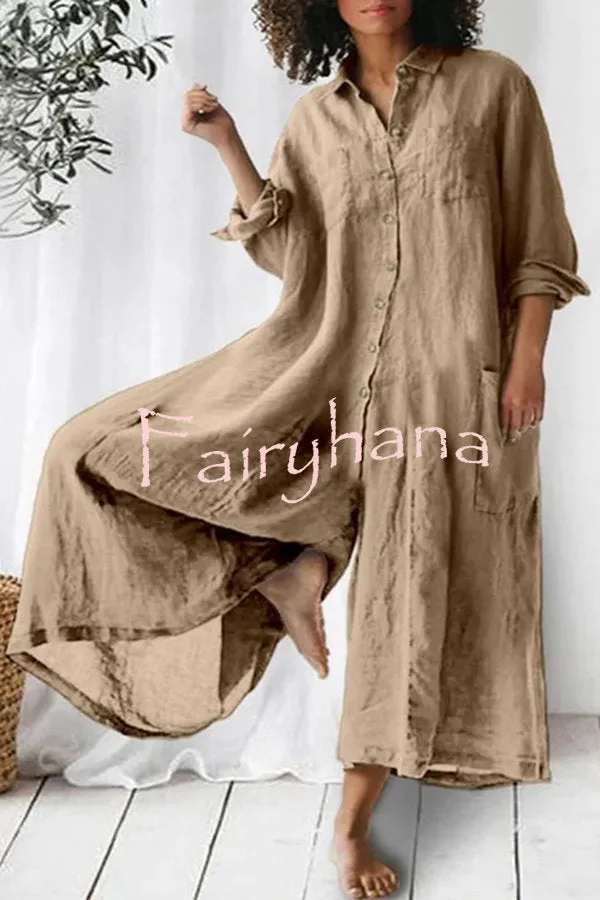 Amaris Cotton and Linen Blend Long Sleeve Loose Wide Leg Shirt Jumpsuit