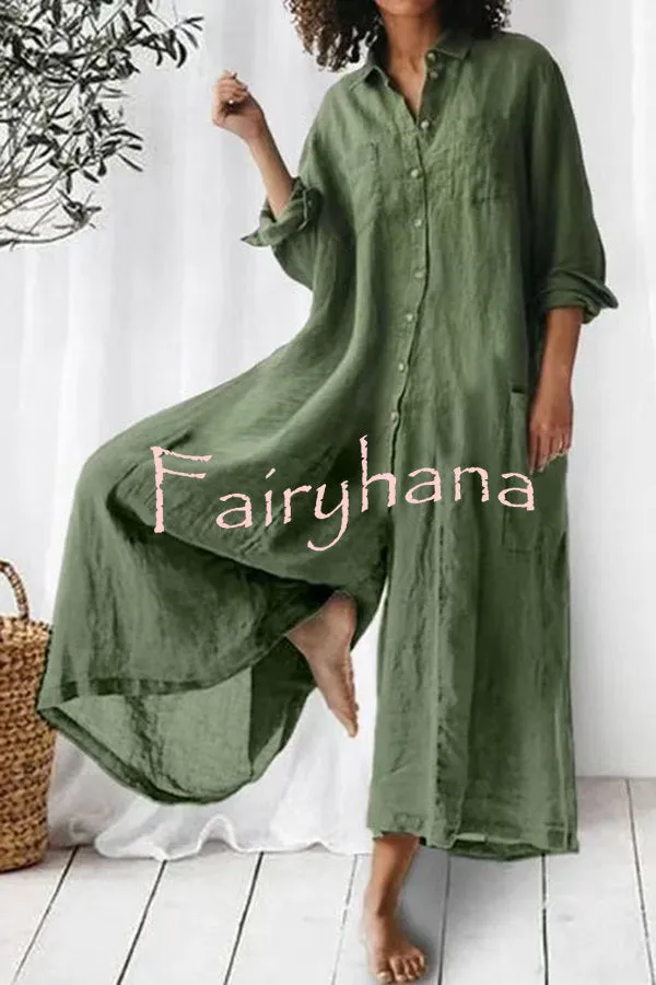 Amaris Cotton and Linen Blend Long Sleeve Loose Wide Leg Shirt Jumpsuit