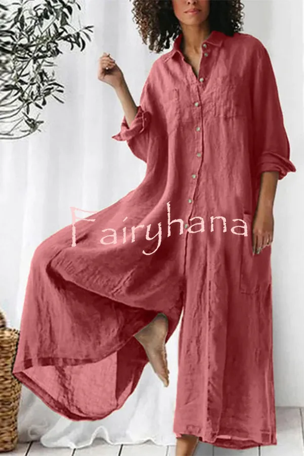 Amaris Cotton and Linen Blend Long Sleeve Loose Wide Leg Shirt Jumpsuit